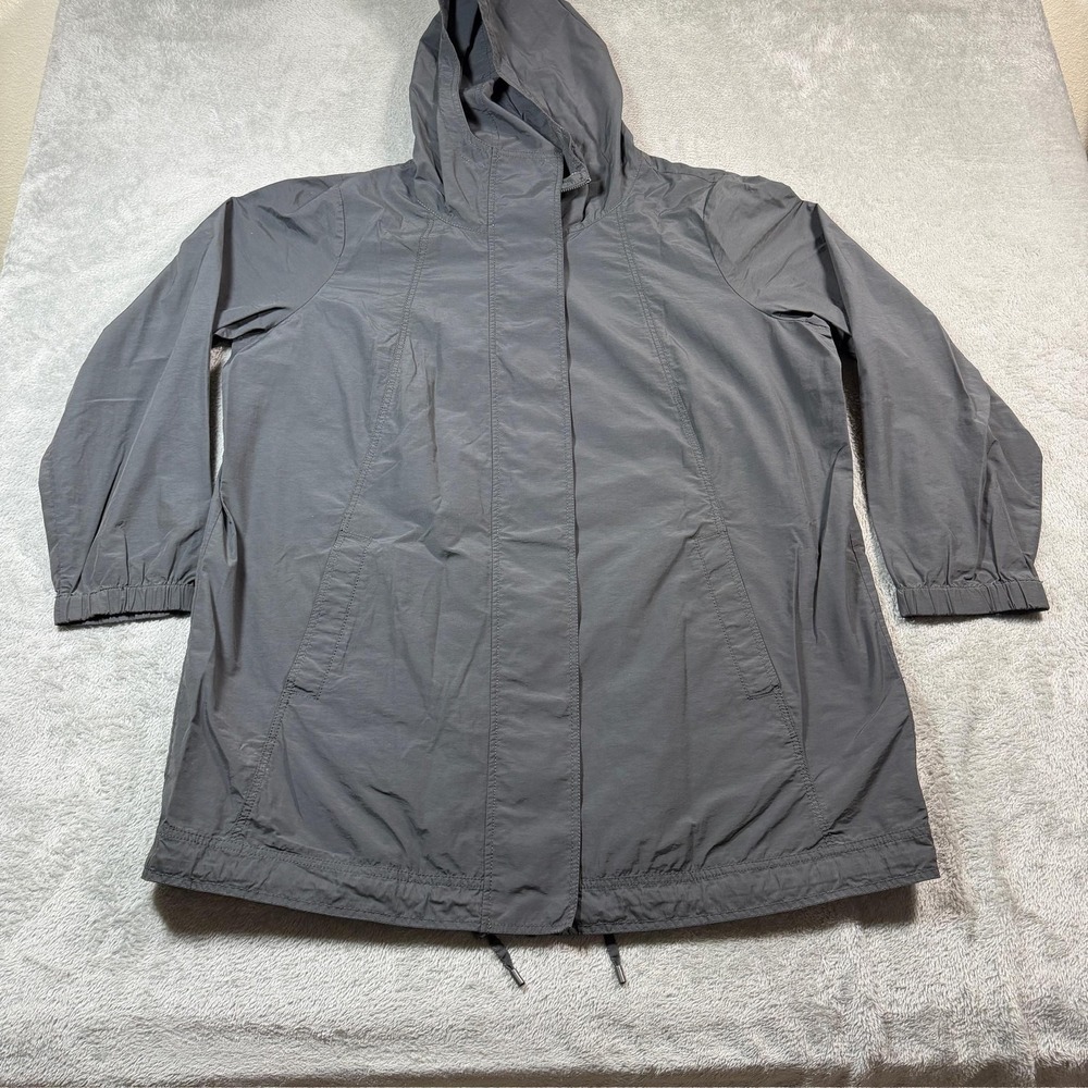 Eileen Fisher Coat Womens 1X Gray Windbreaker Hooded‎ Zip Lightweight Mid-Length